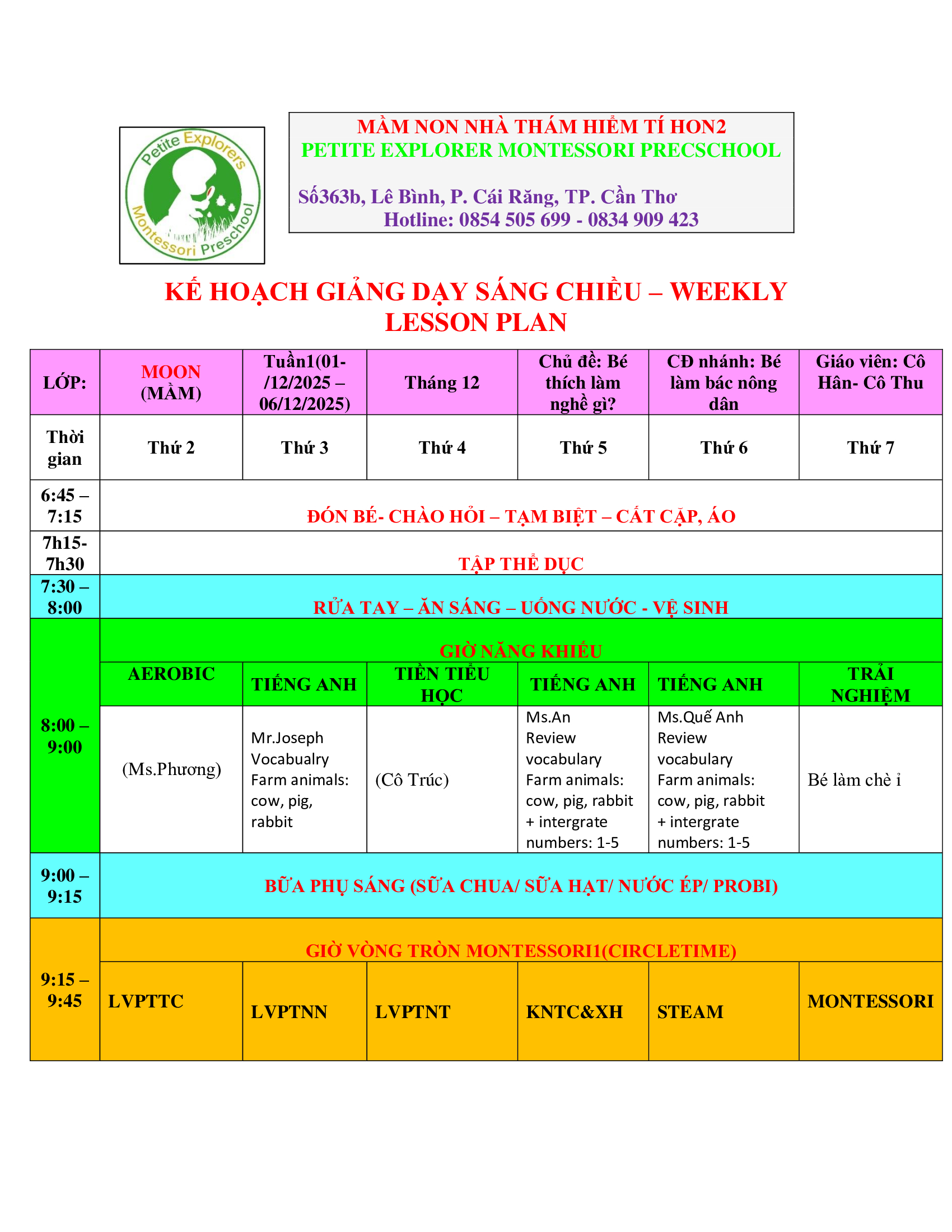 Thời Khoá Biểu Lớp Moon Tuần 1