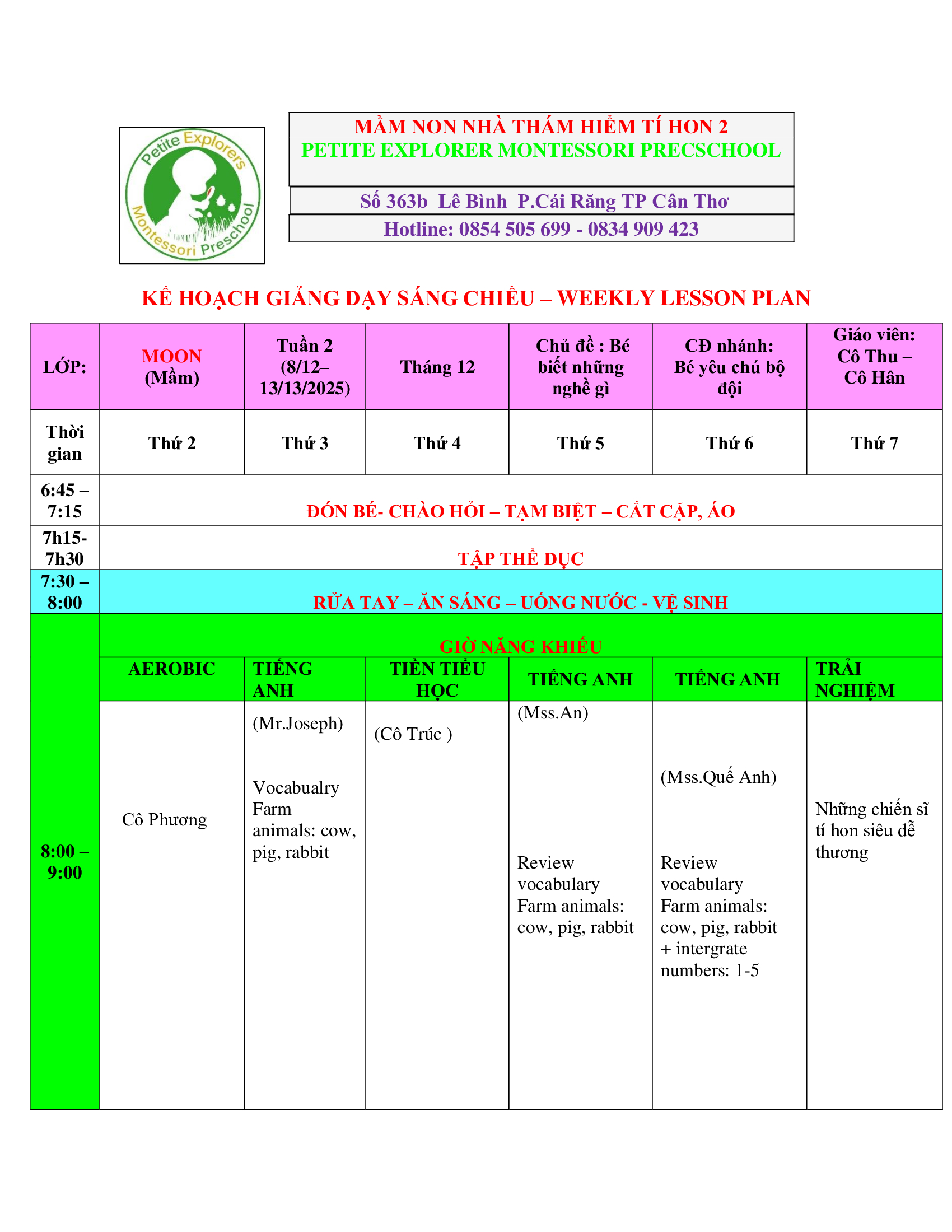 Thời Khoá Biểu Lớp Moon Tuần 2