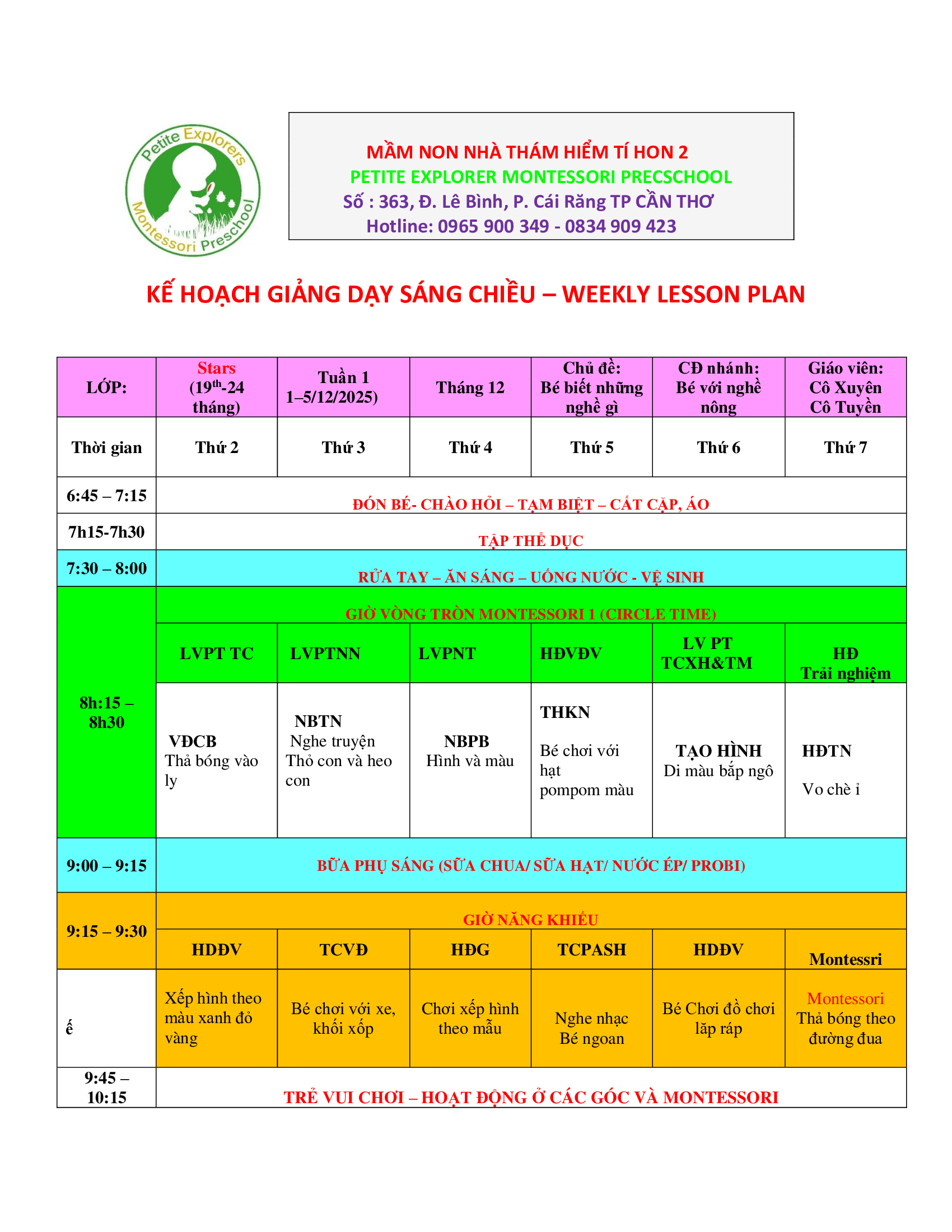 Thời Khoá Biểu Lớp Stars Tuần 1