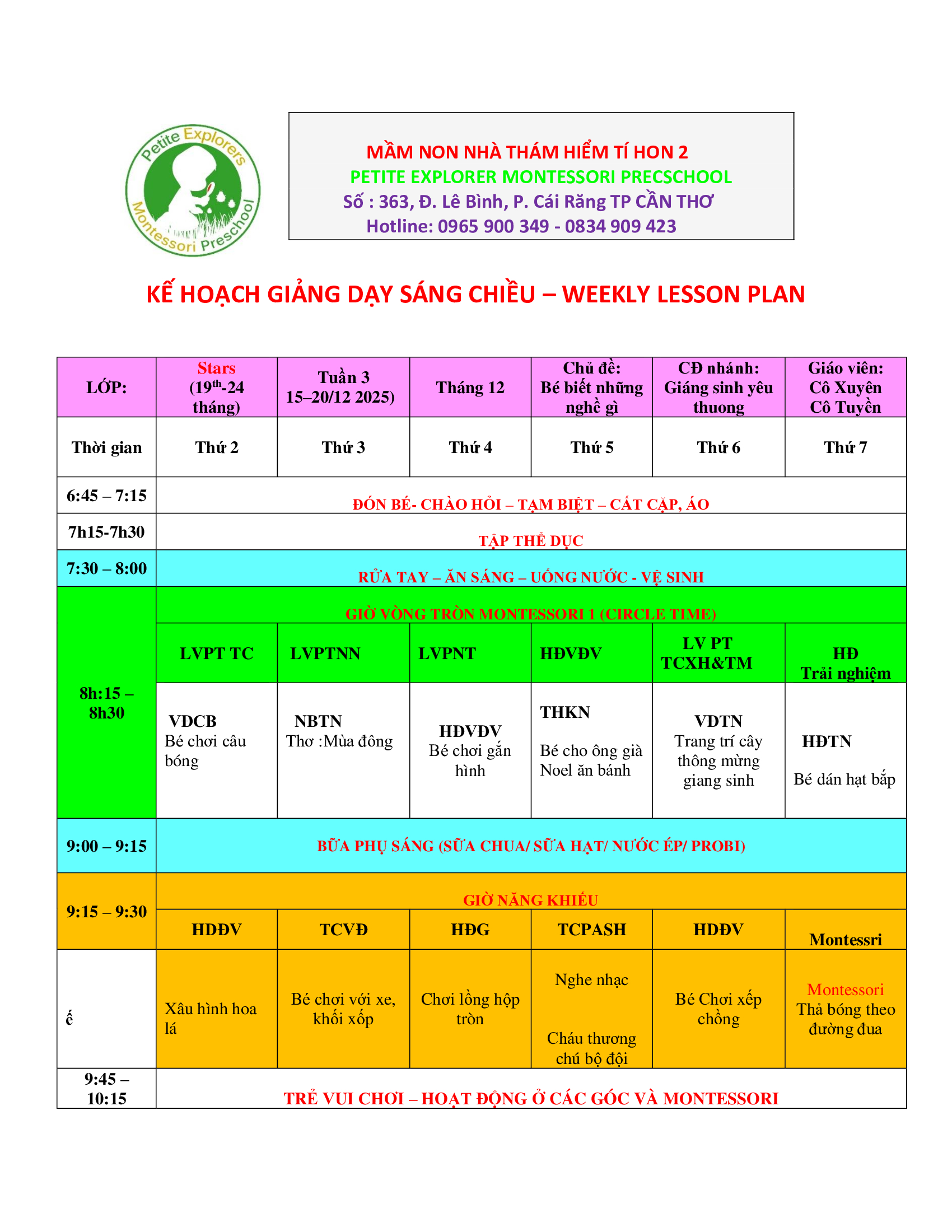 Thời Khoá Biểu Lớp Stars Tuần 3