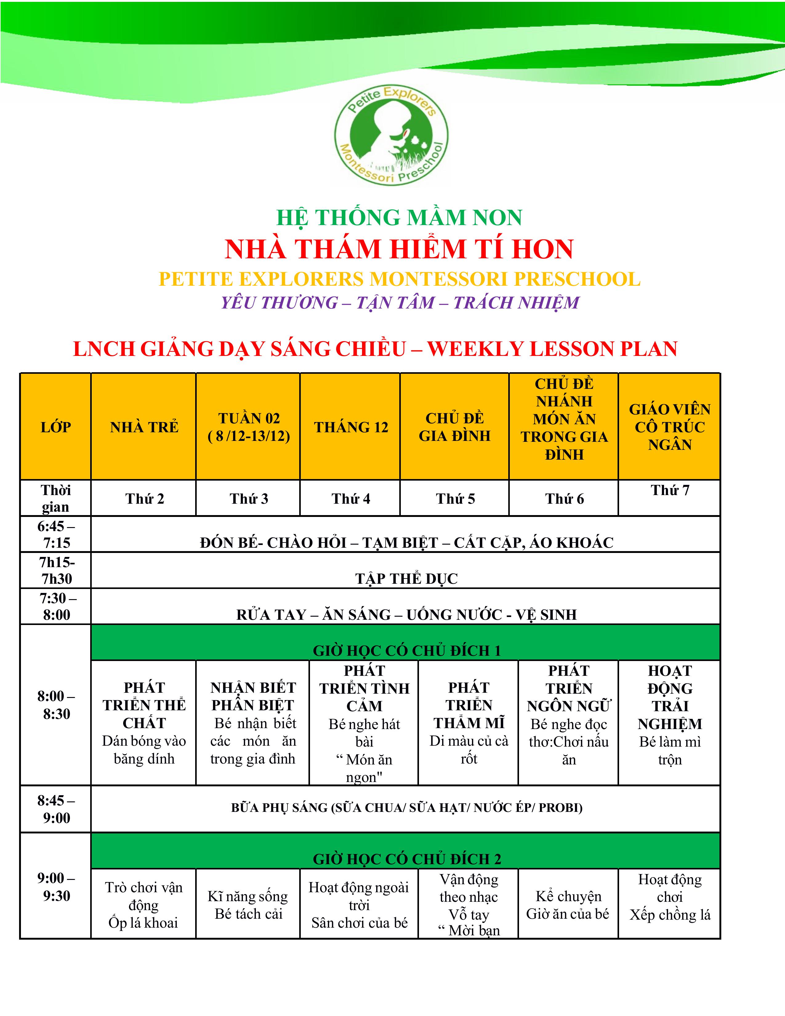 Thời khóa biểu lớp Minis Tuần 2