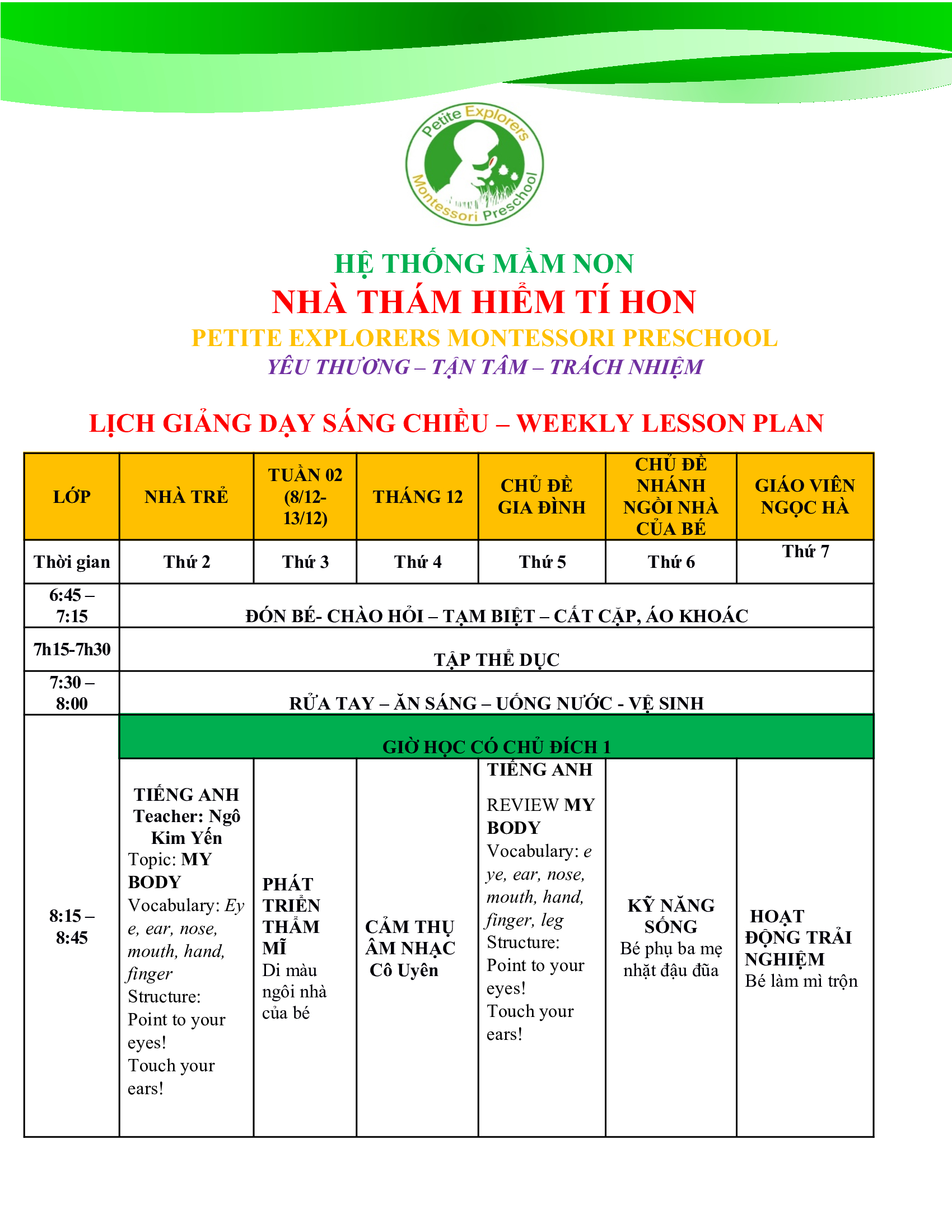 Thời khóa biểu lớp Rmoon Tuần 2