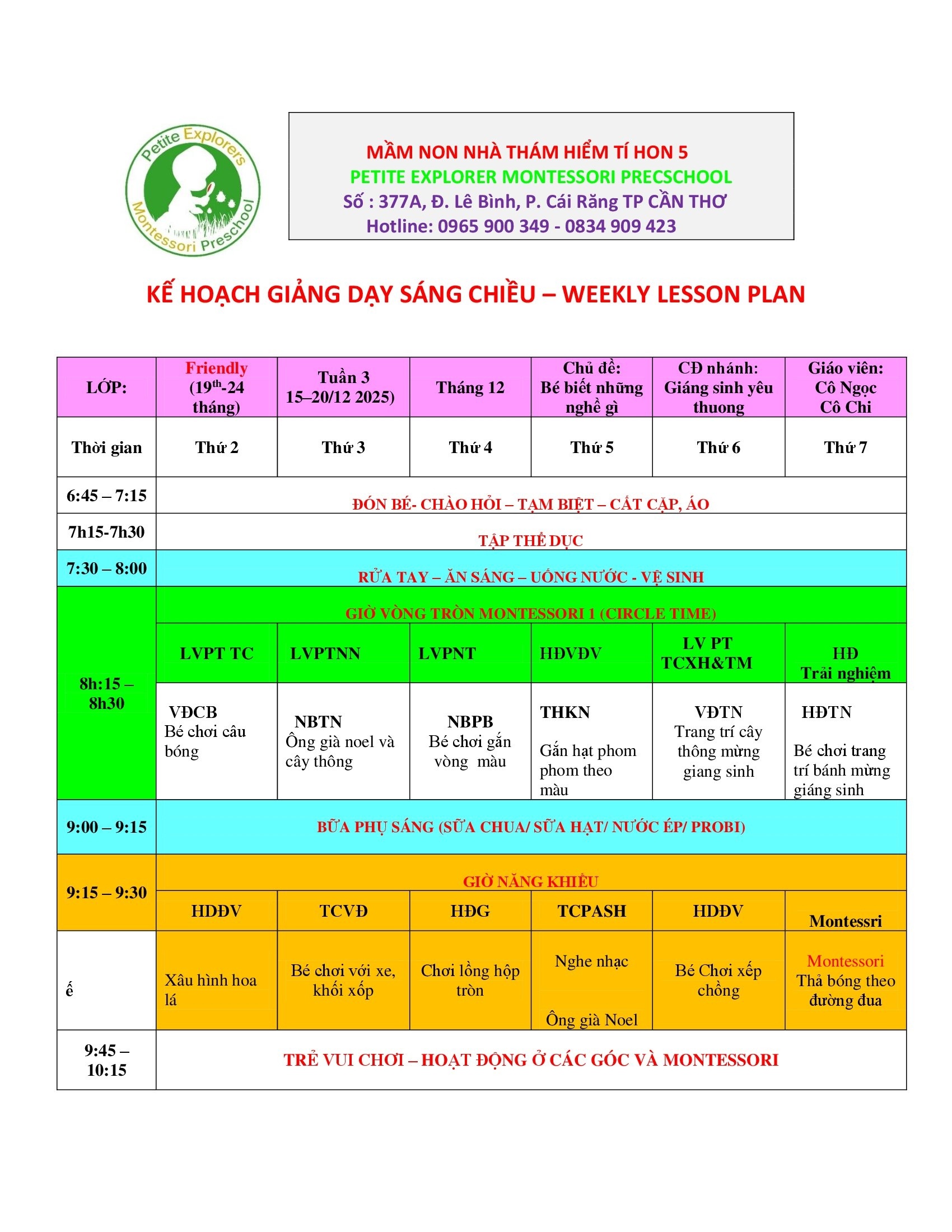 Thời khóa biểu lớp Friendly Tuần 3