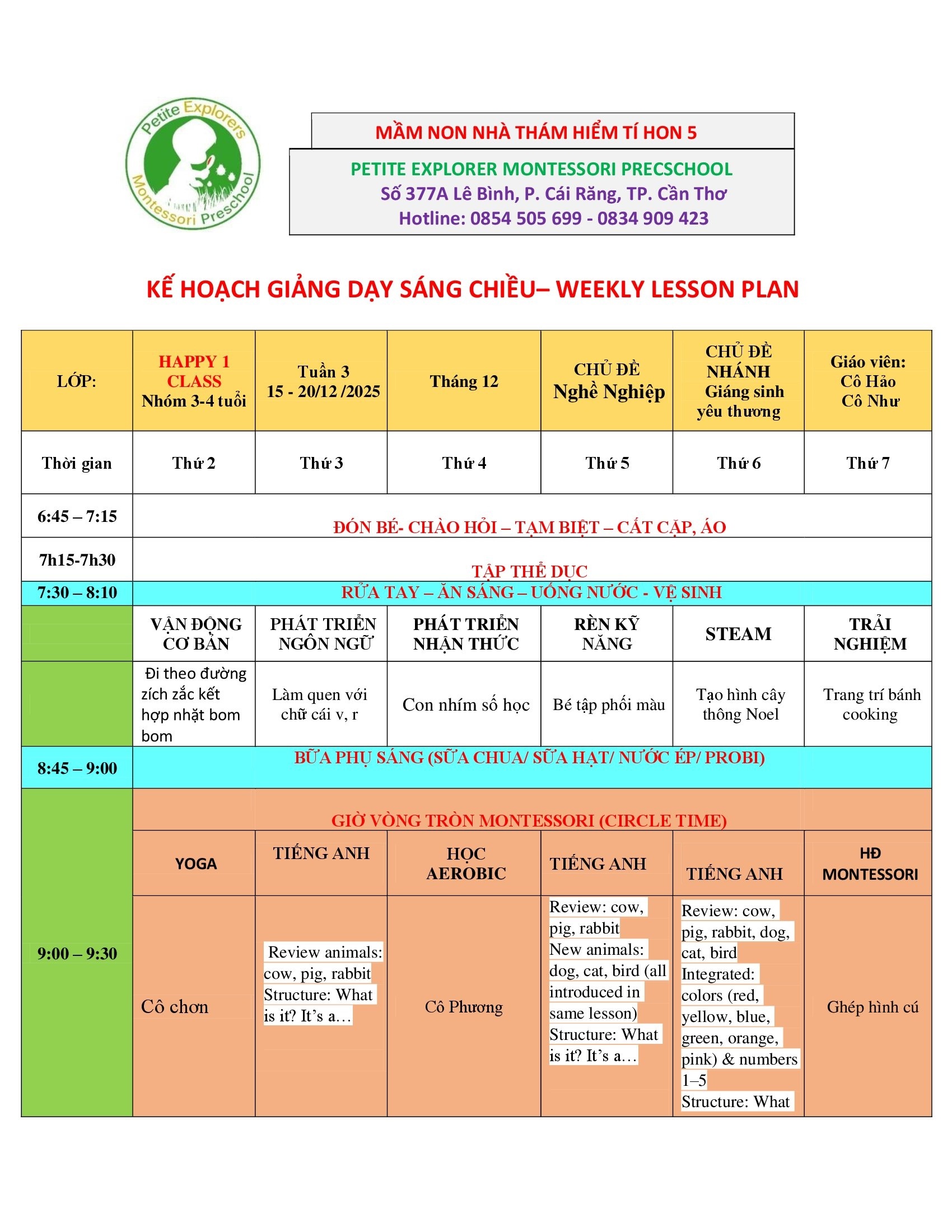 Thời khóa biểu lớp Happy 1 Tuần 3