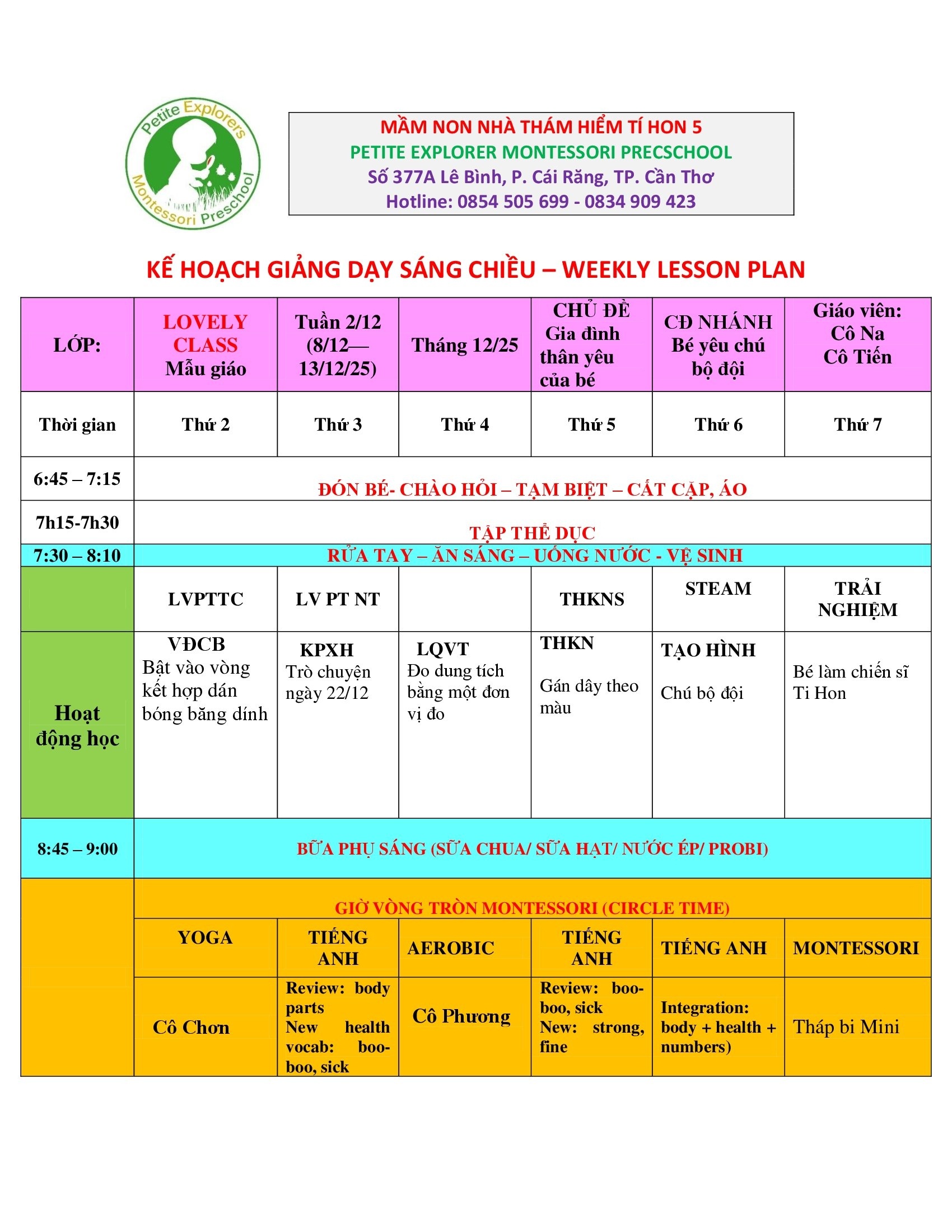 Thời khóa biểu lớp Lovely Tuần 2