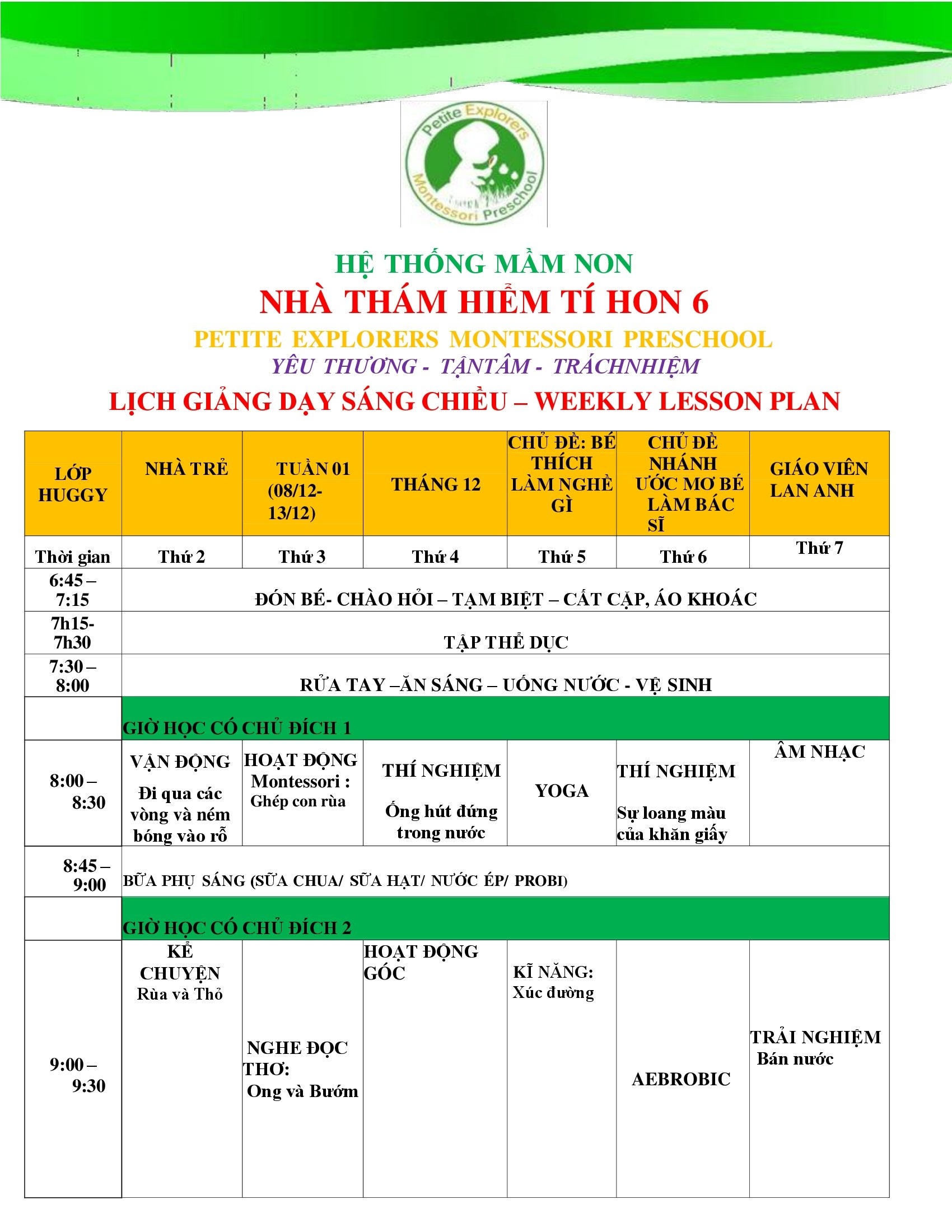 Thời khóa biểu lớp Huggy Tuần 2